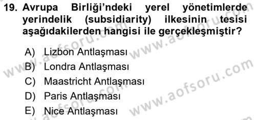 Yerel Yönetimler Dersi 2021 - 2022 Yılı (Final) Dönem Sonu Sınav Soruları 19. Soru