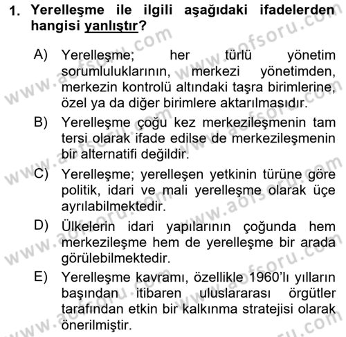 Yerel Yönetimler Dersi 2021 - 2022 Yılı Yaz Okulu Sınav Soruları 1. Soru