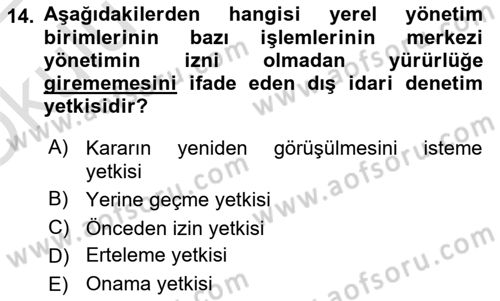 Yerel Yönetimler Dersi 2021 - 2022 Yılı Yaz Okulu Sınav Soruları 14. Soru