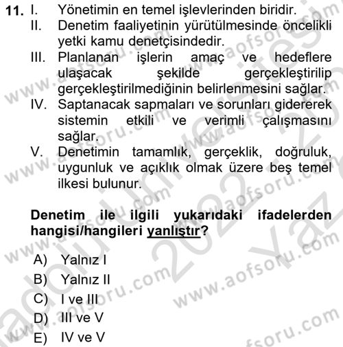 Yerel Yönetimler Dersi 2022 - 2023 Yılı Yaz Okulu Sınav Soruları 11. Soru