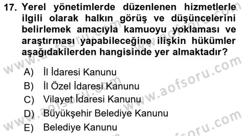 Yerel Yönetimler Dersi 2022 - 2023 Yılı Yaz Okulu Sınav Soruları 17. Soru