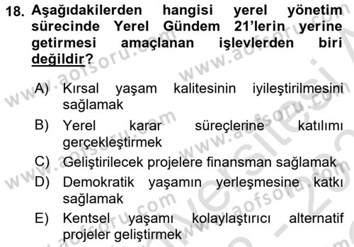 Yerel Yönetimler Dersi 2022 - 2023 Yılı Yaz Okulu Sınav Soruları 18. Soru