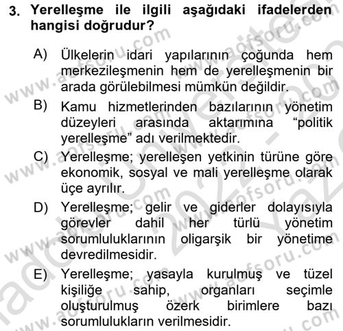 Yerel Yönetimler Dersi 2022 - 2023 Yılı Yaz Okulu Sınav Soruları 3. Soru