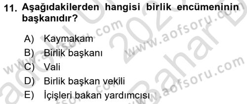 Yerel Yönetimler Dersi 2023 - 2024 Yılı (Vize) Ara Sınav Soruları 11. Soru