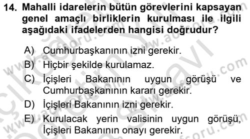 Yerel Yönetimler Dersi 2023 - 2024 Yılı (Vize) Ara Sınav Soruları 14. Soru