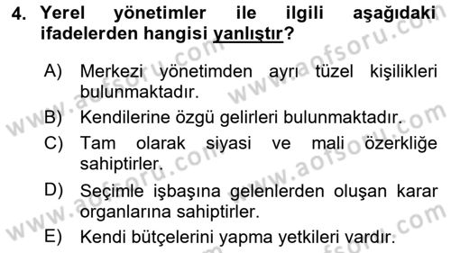 Yerel Yönetimler Dersi 2023 - 2024 Yılı (Vize) Ara Sınav Soruları 4. Soru