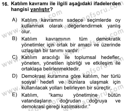 Yerel Yönetimler Dersi 2023 - 2024 Yılı (Final) Dönem Sonu Sınav Soruları 16. Soru