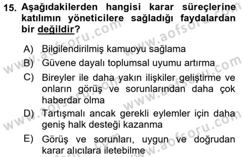 Yerel Yönetimler Dersi 2023 - 2024 Yılı Yaz Okulu Sınav Soruları 15. Soru