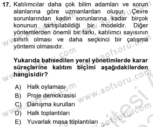 Yerel Yönetimler Dersi 2023 - 2024 Yılı Yaz Okulu Sınav Soruları 17. Soru