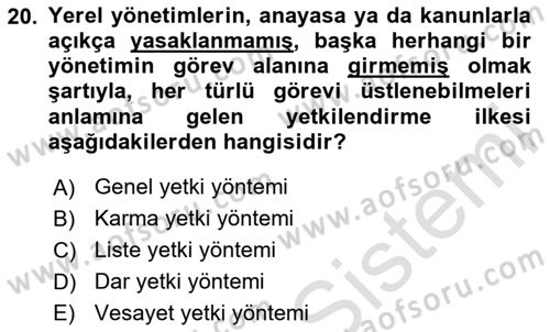 Yerel Yönetimler Dersi 2023 - 2024 Yılı Yaz Okulu Sınav Soruları 20. Soru