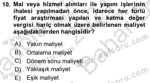 Yerel Yönetimler Dersi 2024 - 2025 Yılı (Vize) Ara Sınav Soruları 10. Soru