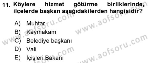 Yerel Yönetimler Dersi 2024 - 2025 Yılı (Vize) Ara Sınav Soruları 11. Soru