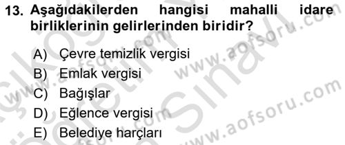 Yerel Yönetimler Dersi 2024 - 2025 Yılı (Vize) Ara Sınav Soruları 13. Soru
