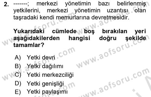 Yerel Yönetimler Dersi 2024 - 2025 Yılı (Vize) Ara Sınav Soruları 2. Soru