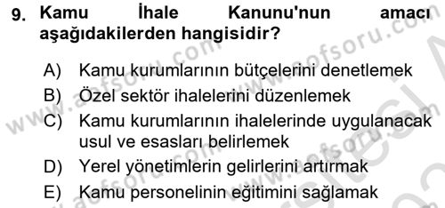 Yerel Yönetimler Dersi 2024 - 2025 Yılı (Vize) Ara Sınav Soruları 9. Soru