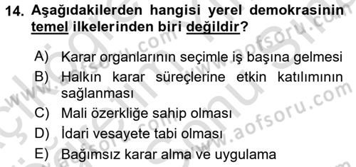 Yerel Yönetimler Dersi 2024 - 2025 Yılı (Final) Dönem Sonu Sınav Soruları 14. Soru