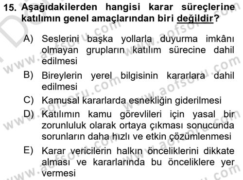 Yerel Yönetimler Dersi 2024 - 2025 Yılı (Final) Dönem Sonu Sınav Soruları 15. Soru