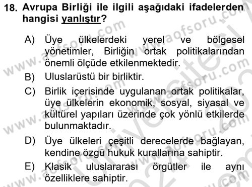 Yerel Yönetimler Dersi 2024 - 2025 Yılı (Final) Dönem Sonu Sınav Soruları 18. Soru