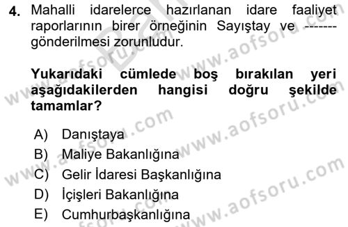 Yerel Yönetimler Dersi 2024 - 2025 Yılı (Final) Dönem Sonu Sınav Soruları 4. Soru