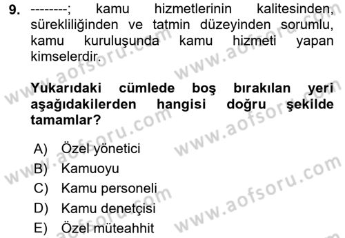 Yerel Yönetimler Dersi 2024 - 2025 Yılı (Final) Dönem Sonu Sınav Soruları 9. Soru
