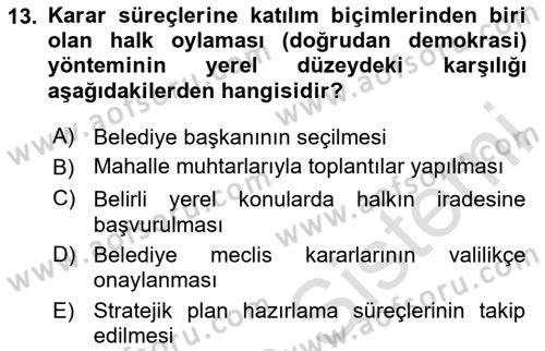 Yerel Yönetimler Dersi 2025 - 2026 Yılı (Final) Dönem Sonu Sınav Soruları 13. Soru