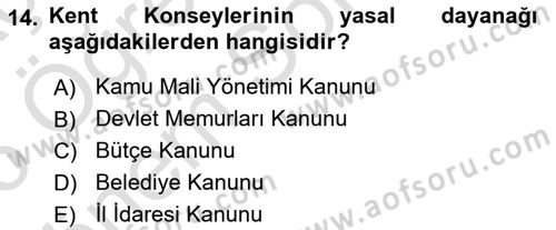 Yerel Yönetimler Dersi 2025 - 2026 Yılı (Final) Dönem Sonu Sınav Soruları 14. Soru