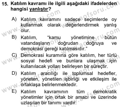 Yerel Yönetimler Dersi 2025 - 2026 Yılı (Final) Dönem Sonu Sınav Soruları 15. Soru