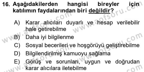 Yerel Yönetimler Dersi 2025 - 2026 Yılı (Final) Dönem Sonu Sınav Soruları 16. Soru