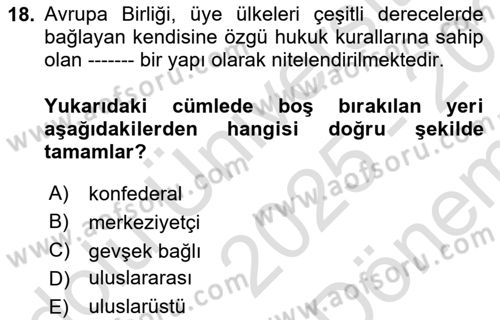 Yerel Yönetimler Dersi 2025 - 2026 Yılı (Final) Dönem Sonu Sınav Soruları 18. Soru