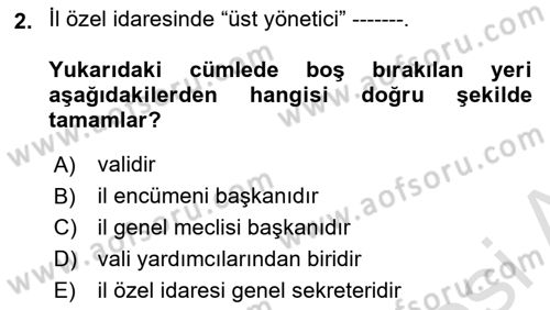 Yerel Yönetimler Dersi 2025 - 2026 Yılı (Final) Dönem Sonu Sınav Soruları 2. Soru