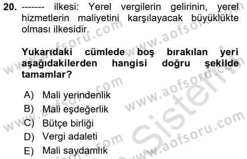 Yerel Yönetimler Dersi 2025 - 2026 Yılı (Final) Dönem Sonu Sınav Soruları 20. Soru