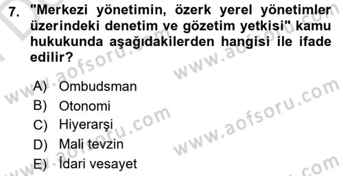 Yerel Yönetimler Dersi 2025 - 2026 Yılı (Final) Dönem Sonu Sınav Soruları 7. Soru