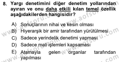 Yerel Yönetimler Dersi 2025 - 2026 Yılı (Final) Dönem Sonu Sınav Soruları 8. Soru