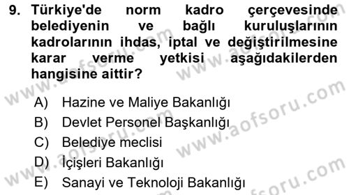Yerel Yönetimler Dersi 2025 - 2026 Yılı (Final) Dönem Sonu Sınav Soruları 9. Soru