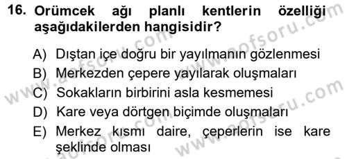 Şehircilik Dersi Ara Sınavı Deneme Sınav Soruları 16. Soru
