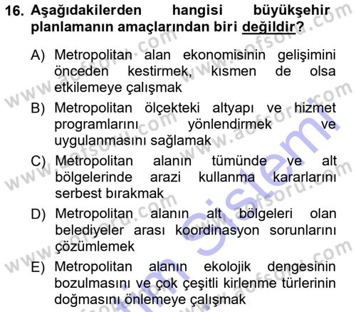 Şehircilik Dersi 2012 - 2013 Yılı (Final) Dönem Sonu Sınav Soruları 16. Soru