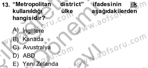 Şehircilik Dersi 2014 - 2015 Yılı (Final) Dönem Sonu Sınav Soruları 13. Soru