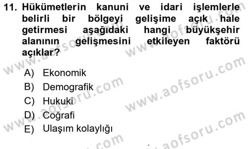 Şehircilik Dersi 2015 - 2016 Yılı (Final) Dönem Sonu Sınav Soruları 11. Soru