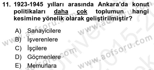 Şehircilik Dersi 2015 - 2016 Yılı Tek Ders Sınav Soruları 11. Soru