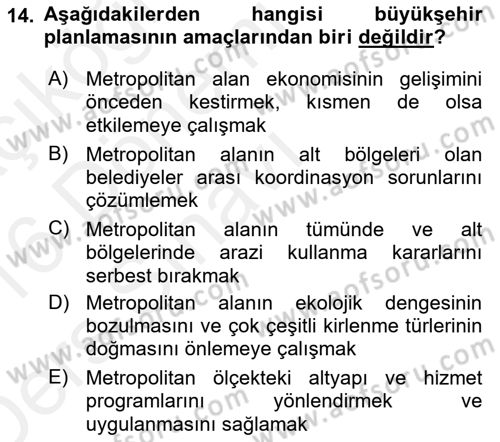 Şehircilik Dersi 2015 - 2016 Yılı Tek Ders Sınav Soruları 14. Soru