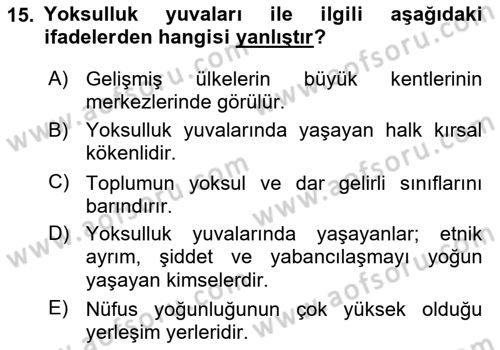 Şehircilik Dersi 2015 - 2016 Yılı Tek Ders Sınav Soruları 15. Soru
