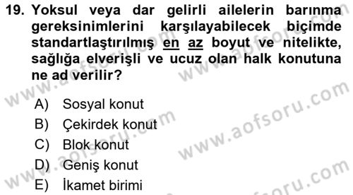 Şehircilik Dersi 2015 - 2016 Yılı Tek Ders Sınav Soruları 19. Soru