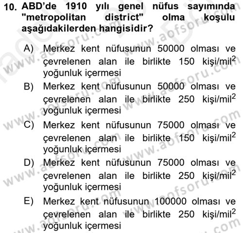 Şehircilik Dersi 2016 - 2017 Yılı (Final) Dönem Sonu Sınav Soruları 10. Soru