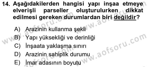 Şehircilik Dersi 2016 - 2017 Yılı (Final) Dönem Sonu Sınav Soruları 14. Soru