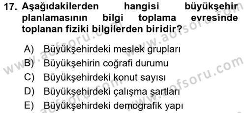 Şehircilik Dersi 2016 - 2017 Yılı (Final) Dönem Sonu Sınav Soruları 17. Soru
