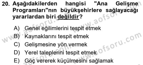 Şehircilik Dersi 2016 - 2017 Yılı (Final) Dönem Sonu Sınav Soruları 20. Soru