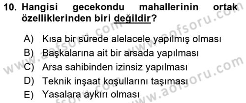 Şehircilik Dersi 2017 - 2018 Yılı (Final) Dönem Sonu Sınav Soruları 10. Soru