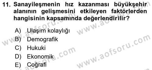 Şehircilik Dersi 2017 - 2018 Yılı (Final) Dönem Sonu Sınav Soruları 11. Soru