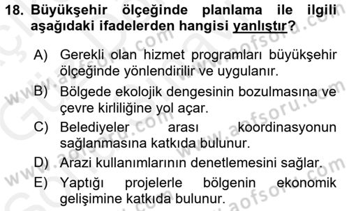 Şehircilik Dersi 2017 - 2018 Yılı (Final) Dönem Sonu Sınav Soruları 18. Soru