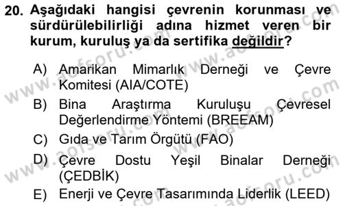 Şehircilik Dersi 2017 - 2018 Yılı (Final) Dönem Sonu Sınav Soruları 20. Soru